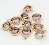 2pcs, 11x8.5x4mm Real Gold Plated Brass Glass Pendants, Faceted Triangle Charms, Plum