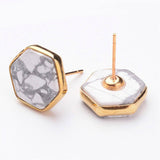 1 pair, 14x13x5mm, Natural Howlite Ear Studs, with 18K Real Golden Plated Pin, Hexagon,