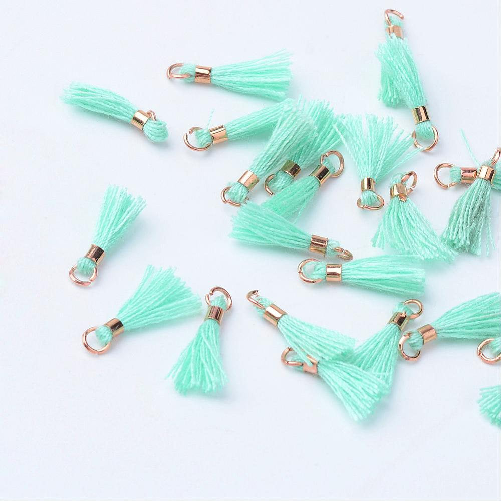 20pcs, 10~16x2mm, Cotton Tassel Pendant Decorations, With Unwelded Iron Jump Rings, Golden, Pale Turquoise