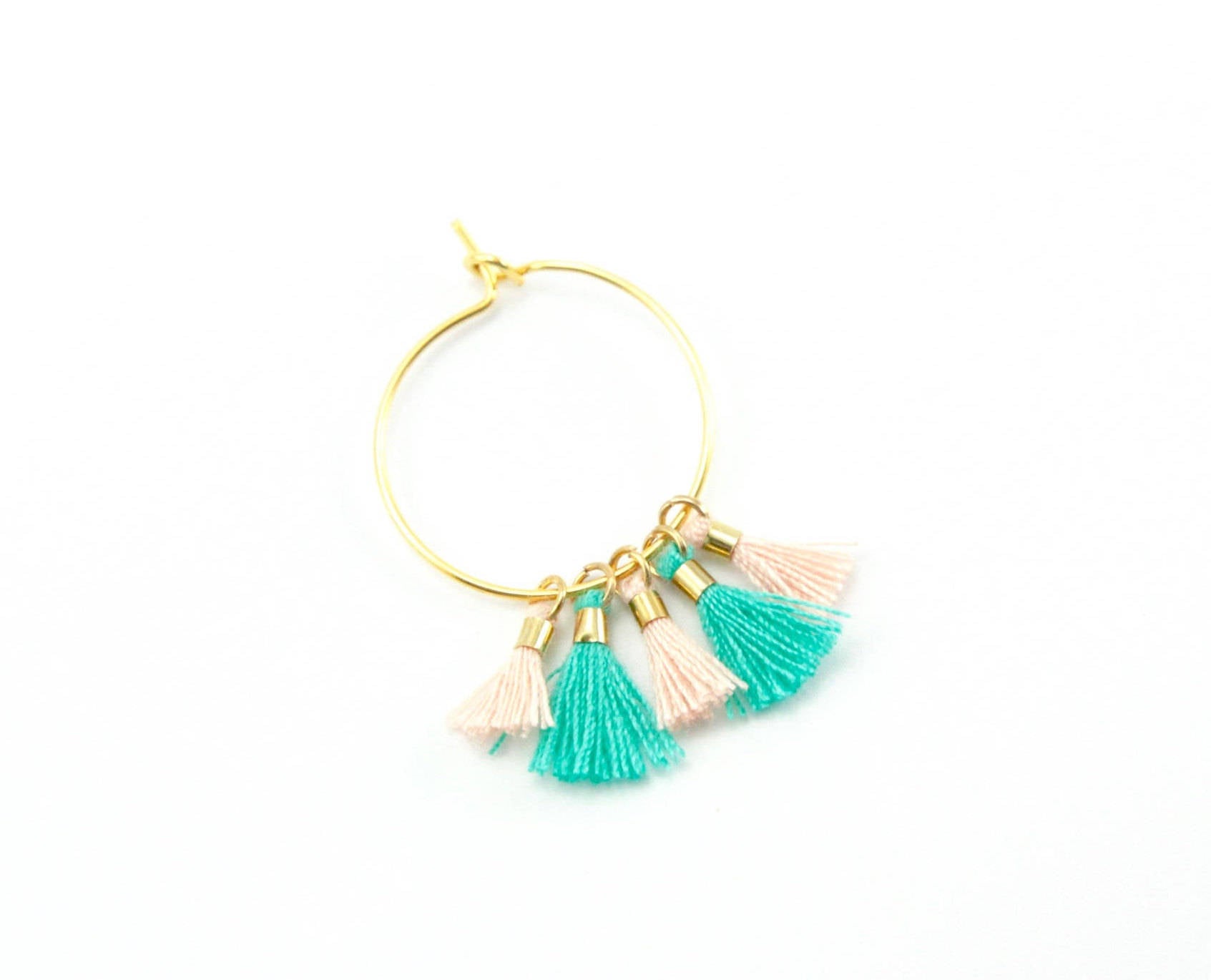 20pcs, 10~16x2mm, Cotton Tassel Pendant Decorations, With Unwelded Iron Jump Rings, Golden, Pale Turquoise