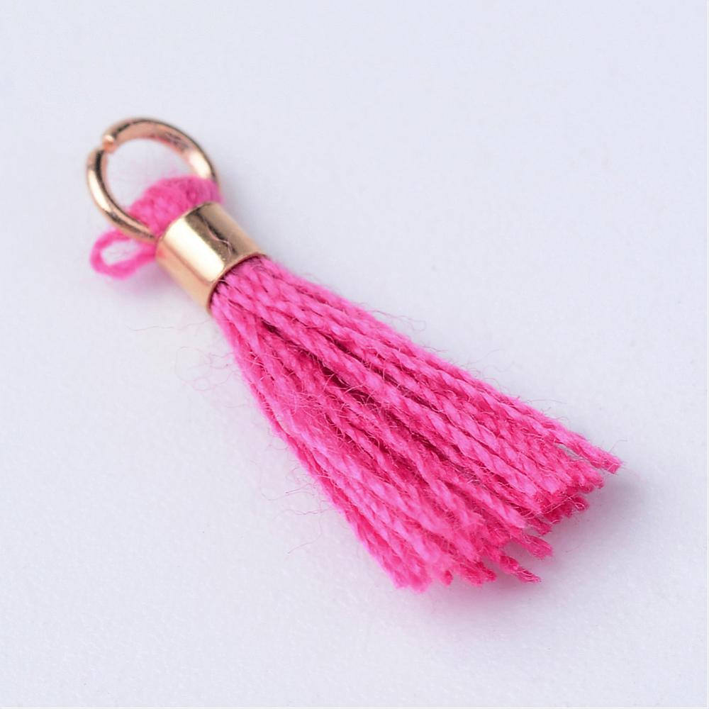 20pcs, 10~16x2mm, Cotton Tassel Pendant Decorations, With Unwelded Iron Jump Rings, Golden, Camellia