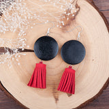 1 pair, 67x 27mm, Velvet Faux Suede Red Tassel Earrings Hook Round Silver Plated Black