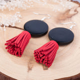 1 pair, 67x 27mm, Velvet Faux Suede Red Tassel Earrings Hook Round Silver Plated Black