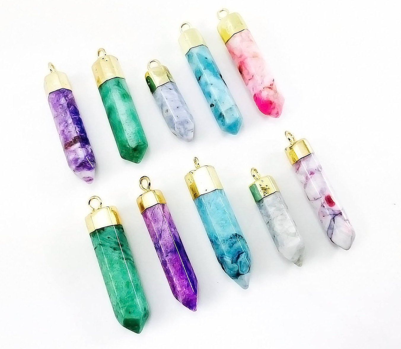 1pc, Natural Dyed Crystal Bullet/pencil Pendant With Gold Colour Brass Finding