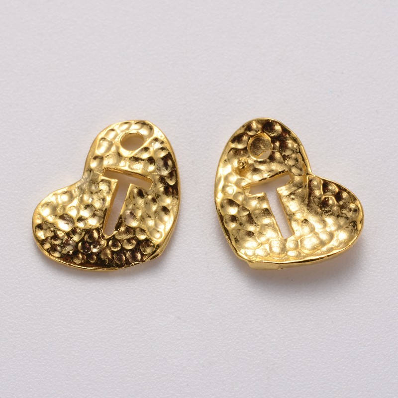 5pcs, 11x9x2mm , Capital Letter T Hammered Brass Heart  Charm / Pendant in Golden Tone