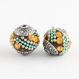 2pcs, 14~15x14~15mm, Round Handmade Indonesia Beads, with Rhinestones and Alloy Cores, Antique Silver, Coconut Brown