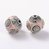 2pcs, 14~15x14~16mm, Round Handmade Indonesia Beads, with Rhinestones and Alloy Cores, Antique Silver, Lilac