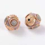 2pcs, 14~15x14~16mm, Round Handmade Indonesia Beads, with Rhinestones and Alloy Cores, Antique Golden, Tan