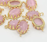 2pcs, 17x9x5mm, Real Gold Plated Brass Cat Eye Normal Links, 1/1Loops, Oval, PearlPink