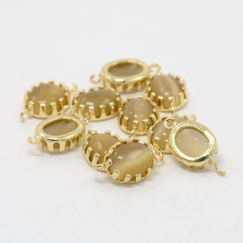 2pcs, 17x9x5mm, Real Gold Plated Brass Cat Eye Normal Links, 1/1Loops, Oval, Dark Khaki