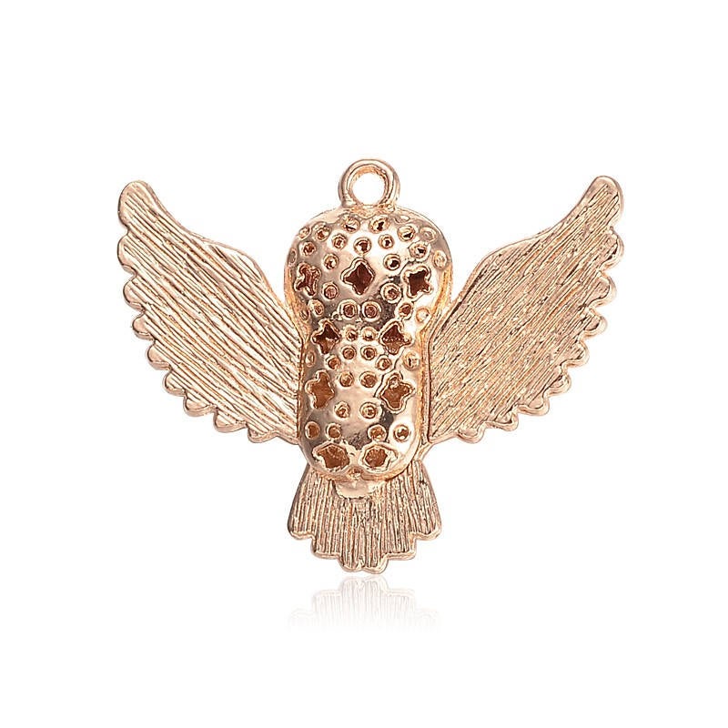 1 Pc, 41x51x12mm, Alloy Rhinestone Pendants, With Resin Cabochons, Owl, Golden, Rose