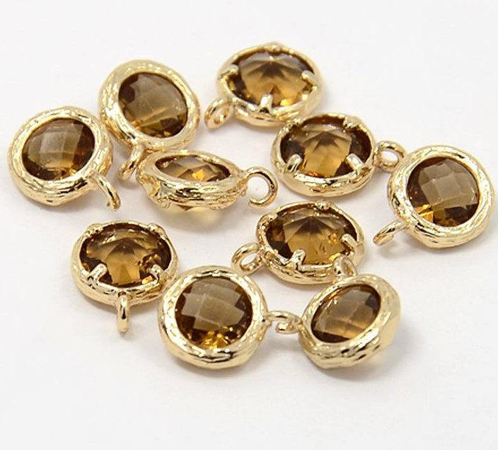 2pcs, 10x7.5x4mm Real Gold Plated Brass Glass Pendants, Faceted Flat Round Charms, Sienna