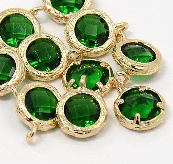 2pcs, 10x7.5x4mm Real Gold Plated Brass Glass Pendants, Faceted Flat Round Charms, Green