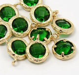 2pcs, 10x7.5x4mm Real Gold Plated Brass Glass Pendants, Faceted Flat Round Charms, Green