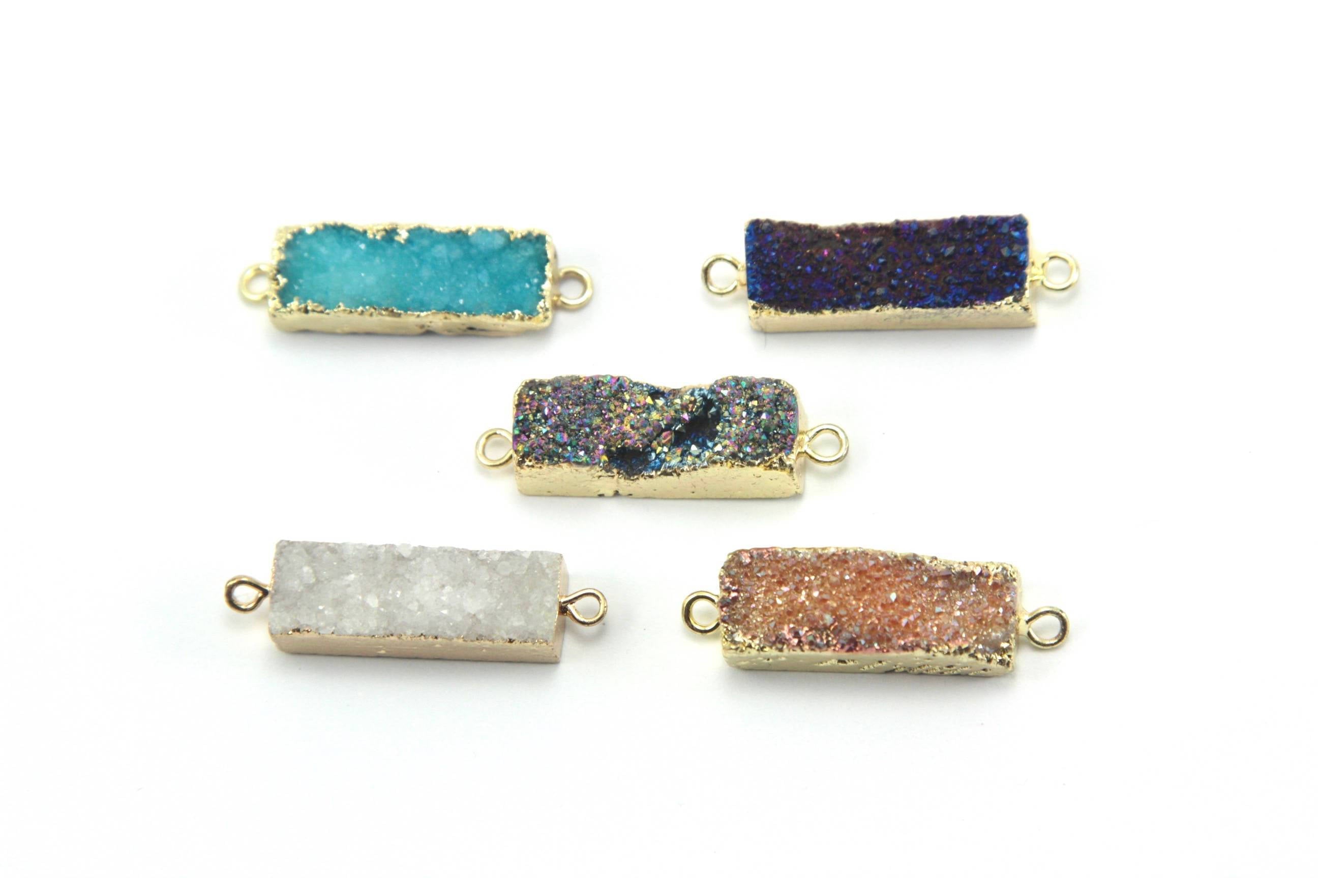 1pc, Rectangle Electroplated Natural & Dyed Druzy Agate Links, With Golden Plated Brass Findings