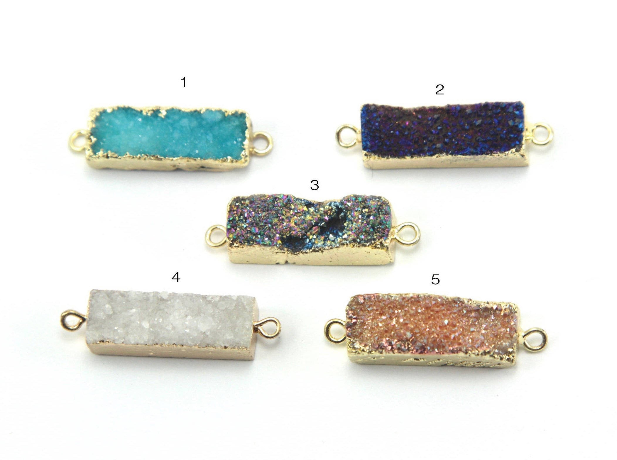 1pc, Rectangle Electroplated Natural & Dyed Druzy Agate Links, With Golden Plated Brass Findings