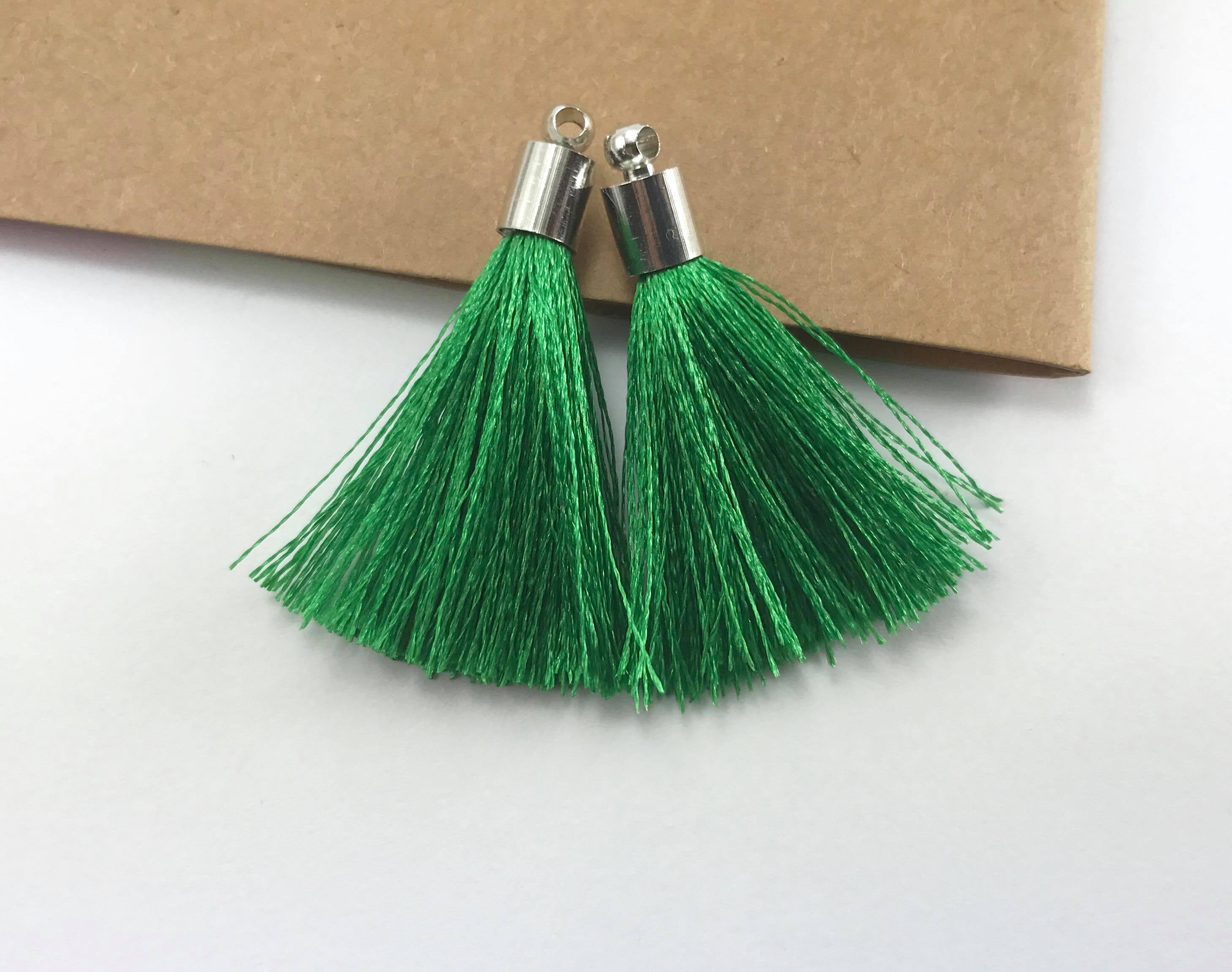 2pcs, Approx 35-40mm, Beautiful Green Silk Tassel In Silver Cap