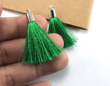 2pcs, Approx 35-40mm, Beautiful Green Silk Tassel In Silver Cap