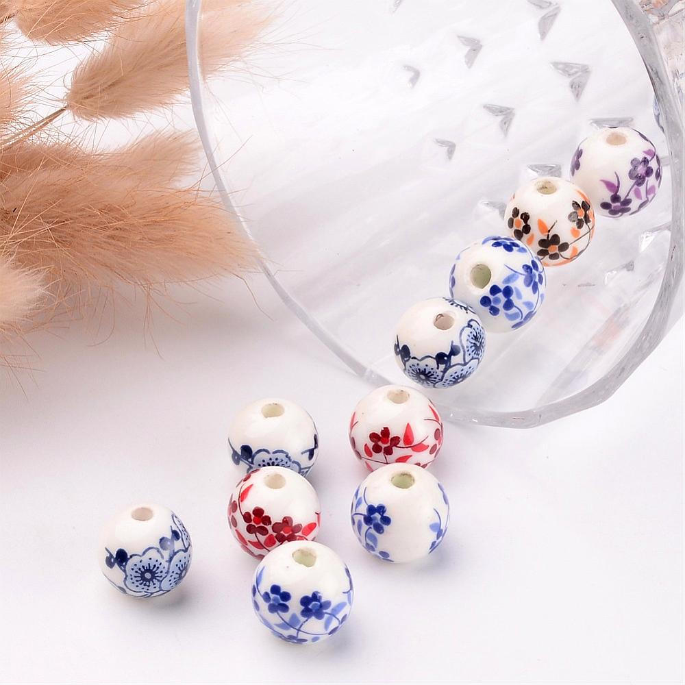 10pcs, 12mm, Handmade Printed Porcelain Beads, Round, in Mixed Colour