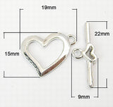 5 sets, 15x19mm, Metal Alloy Bar & Ring Toggle Clasps, Heart  in Silver