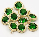 2pcs, 10x7.5x4mm Real Gold Plated Brass Glass Pendants, Faceted Flat Round Charms, Green