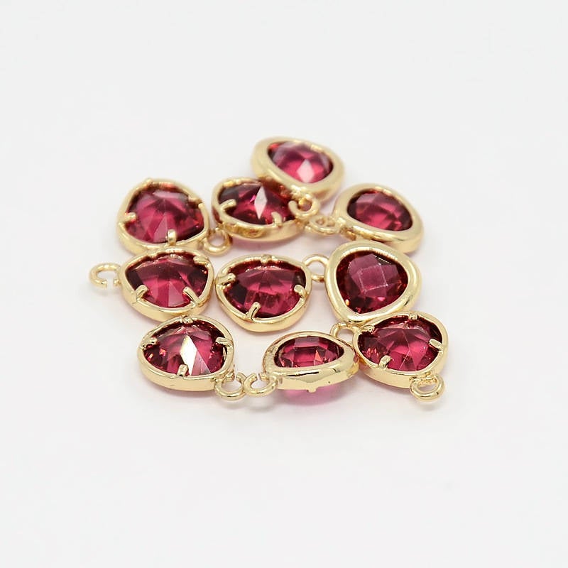 2pcs, 11x8.5x4mm Real Gold Plated Brass Glass Pendants, Faceted Triangle Charms, Cerise