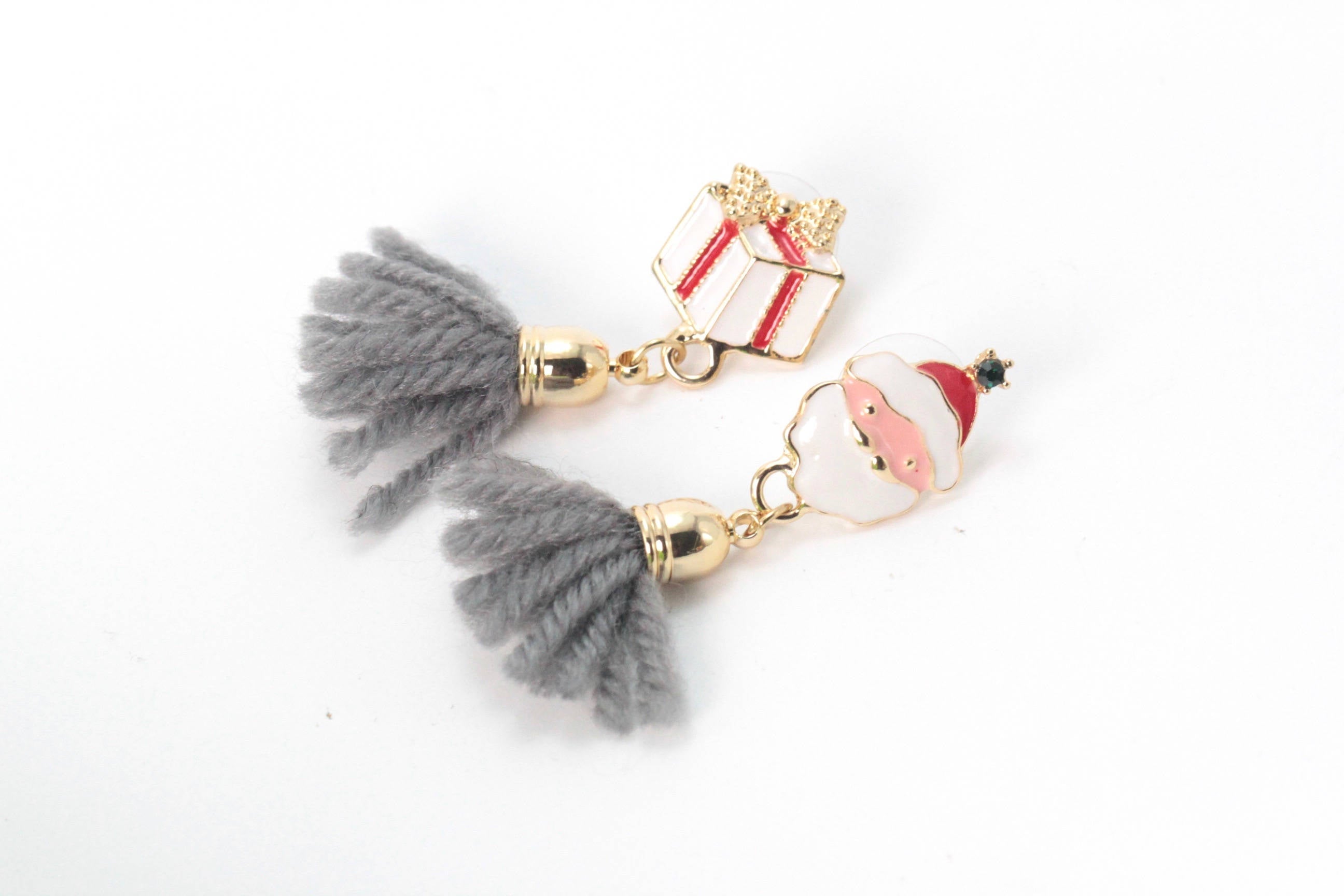1 Pair, Christmas Themed, Grey Tassel Earrings // Earstud Earrings // Rudolf / Bell Earring