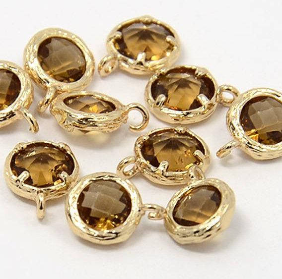 2pcs, 10x7.5x4mm Real Gold Plated Brass Glass Pendants, Faceted Flat Round Charms, Sienna