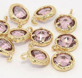 2pcs, 10x7.5x4mm Real Gold Plated Brass Glass Pendants, Faceted Flat Round Charms, Plum
