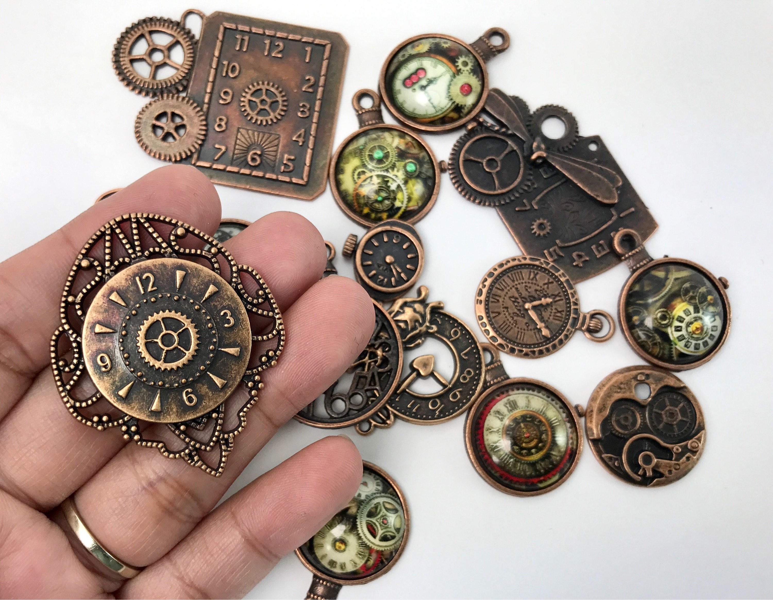 15 Pcs Mixed Charms - Vintage Clocks in Red Copper