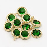 2pcs, 10x7.5x4mm Real Gold Plated Brass Glass Pendants, Faceted Flat Round Charms, Green