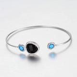 1pc, 43x62mm, Silver Plated Brass Glass Cuff Bangles, Nickel Free in Black / Sky Blue