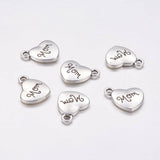 5 pcs, 13x15x3mm, Tibetan Style Alloy Family Charms, Heart with Word Mom, Lead Free & Nickel Free in Antique Silver