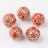 2pcs, 19x18mm ,Round Handmade Indonesia Beads, with Acrylic and Alloy Cores in Golden / Red