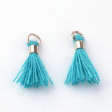 20pcs, 10~16x2mm, Cotton Tassel Pendant Decorations, With Unwelded Iron Jump Rings, Golden, Dodger Blue