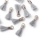 20pcs, 10~16x2mm, Cotton Tassel Pendant Decorations, With Unwelded Iron Jump Rings, Golden, Light Grey