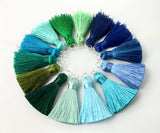 2pcs, 40mm, Beautiful Silk Tassel With Silver Jump Ring In Blue And Green Shades