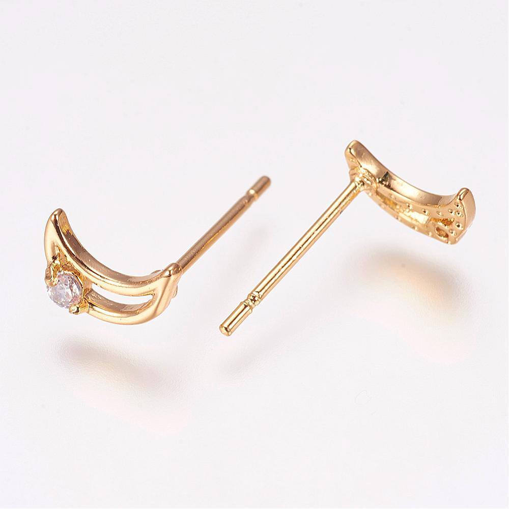1 Pair, 8x5x2mm, Brass Cubic Zirconia Ear Studs, Moon, In Golden