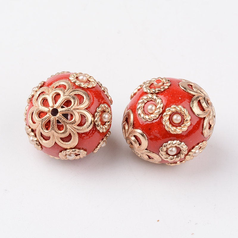 2pcs, 19x18mm ,Round Handmade Indonesia Beads, with Acrylic and Alloy Cores in Golden / Red