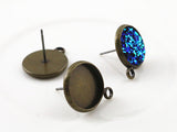 4pcs, 12mm Tray, Copper Bezel Ear Stud Components with hook/loop/connector, in Antique Bronze