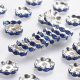 10pcs, 10x4mm , Hole: 2mm, Silver Plated Flat Round Brass Acrylic Rhinestone Spacer Beads, Wavy Edge in Blue