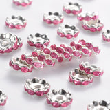 10pcs, 10x4mm , Hole: 2mm, Silver Plated Flat Round Brass Acrylic Rhinestone Spacer Beads / Rhinestone Rondells, Wavy Edge in Deep Pink