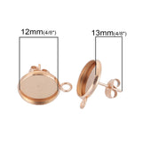 2pairs(4pcs), 12mm Tray, 304 Stainless Steel Bezel Ear Stud Components with hook/loop/connector, in Rose Gold