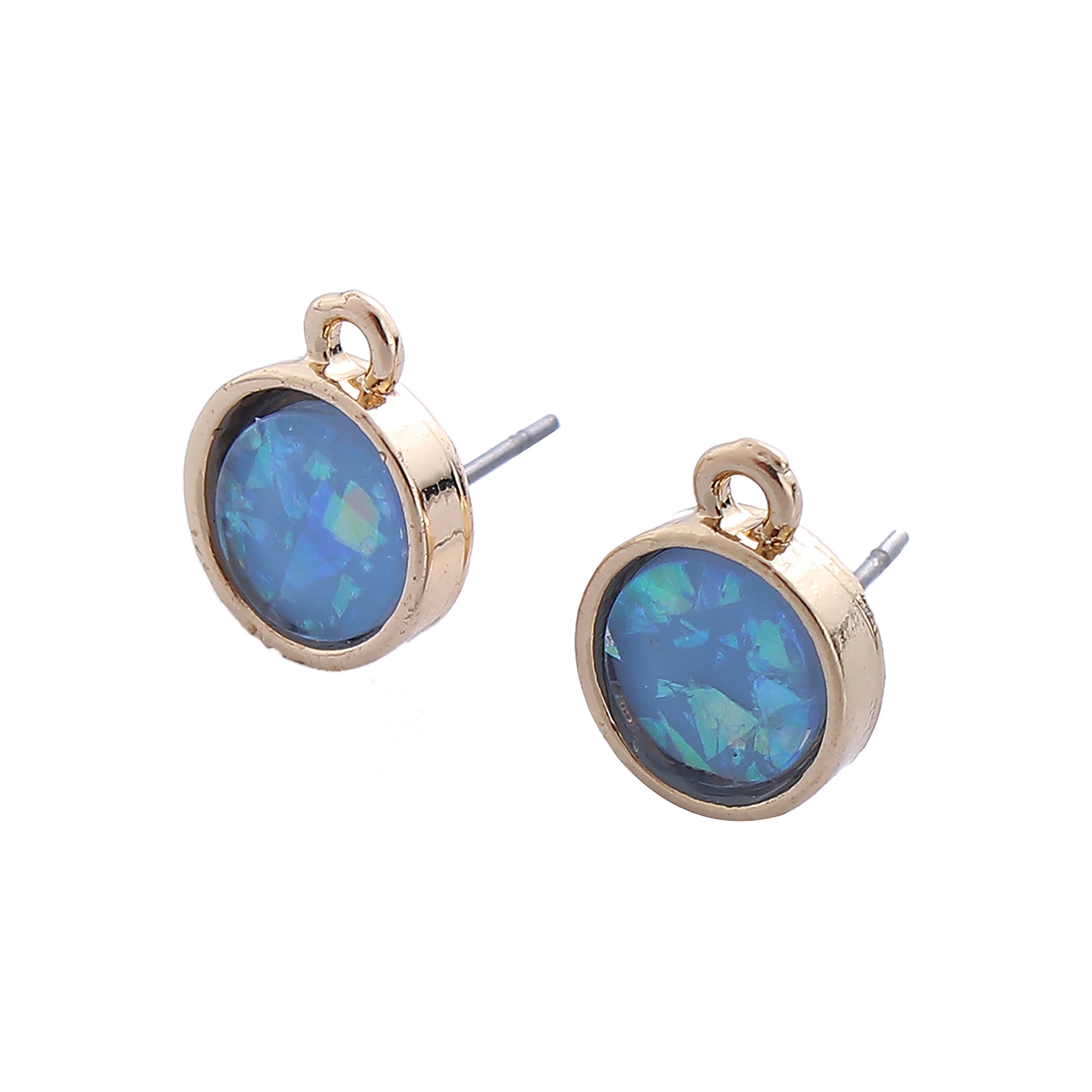 1 Pair, 10mm, Zinc Based Alloy Round Resin Ear stud finding Gold Plated Blue W/ Loop