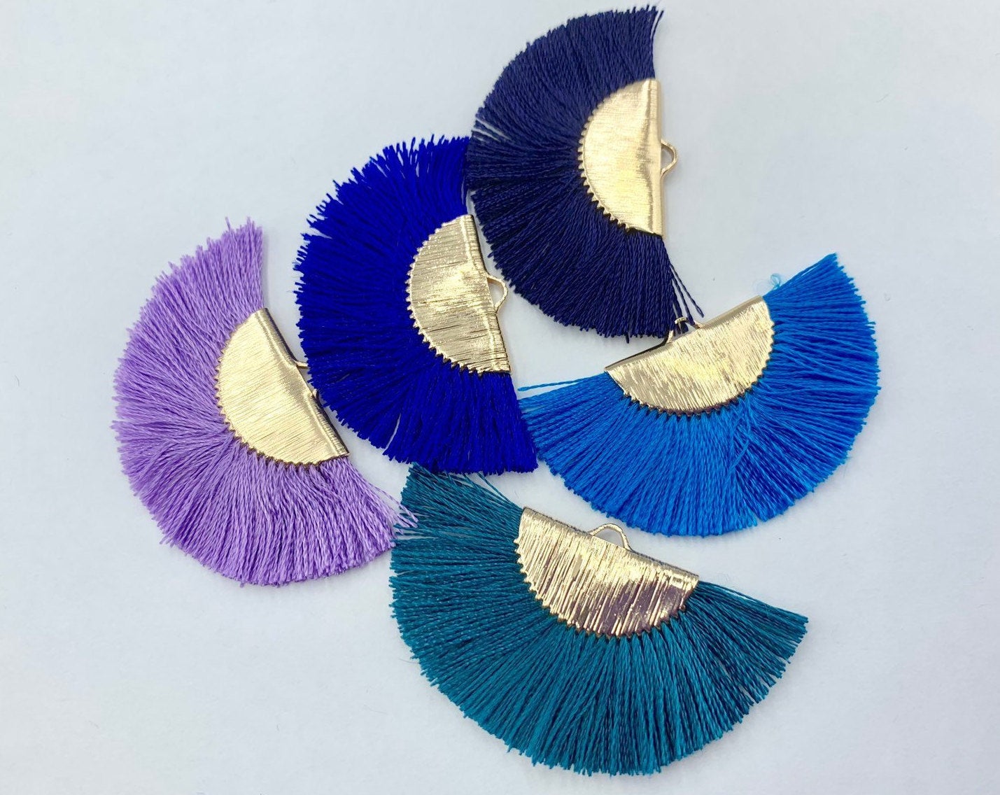 2pc, 2.5cm, Small Silk Tassels In Gold Coloured Semi Circle Copper Crimp in Blue Shades