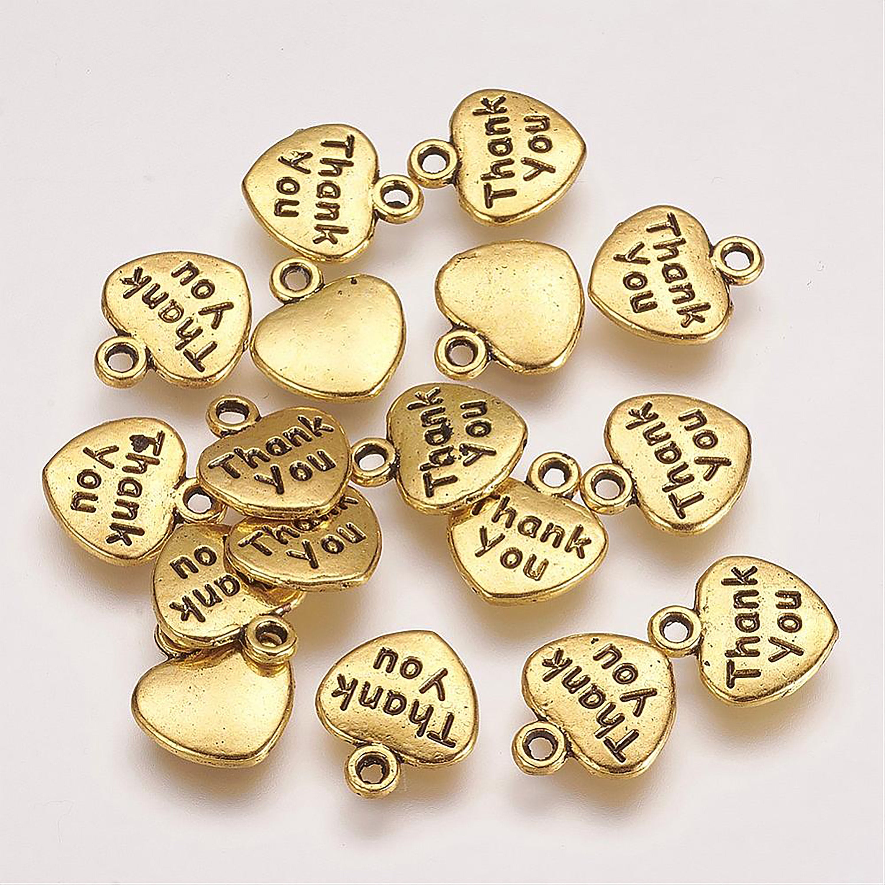 10 pcs, 12x11x2mm, Tibetan Style Alloy Finding Heart with Word Thank you, Lead Free and Cadmium Free, Antique Golden