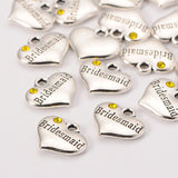 1pc / 2 pcs, 14x16x3mm, Wedding Theme Antique Silver Tone Tibetan Style Heart with Bridesmaid Rhinestone Charm Pendant / Charm in Yellow