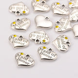 1pc / 2 pcs, 14x16x3mm, Wedding Theme Antique Silver Tone Tibetan Style Heart with Maid of Honor Rhinestone Charm Pendant / Charm