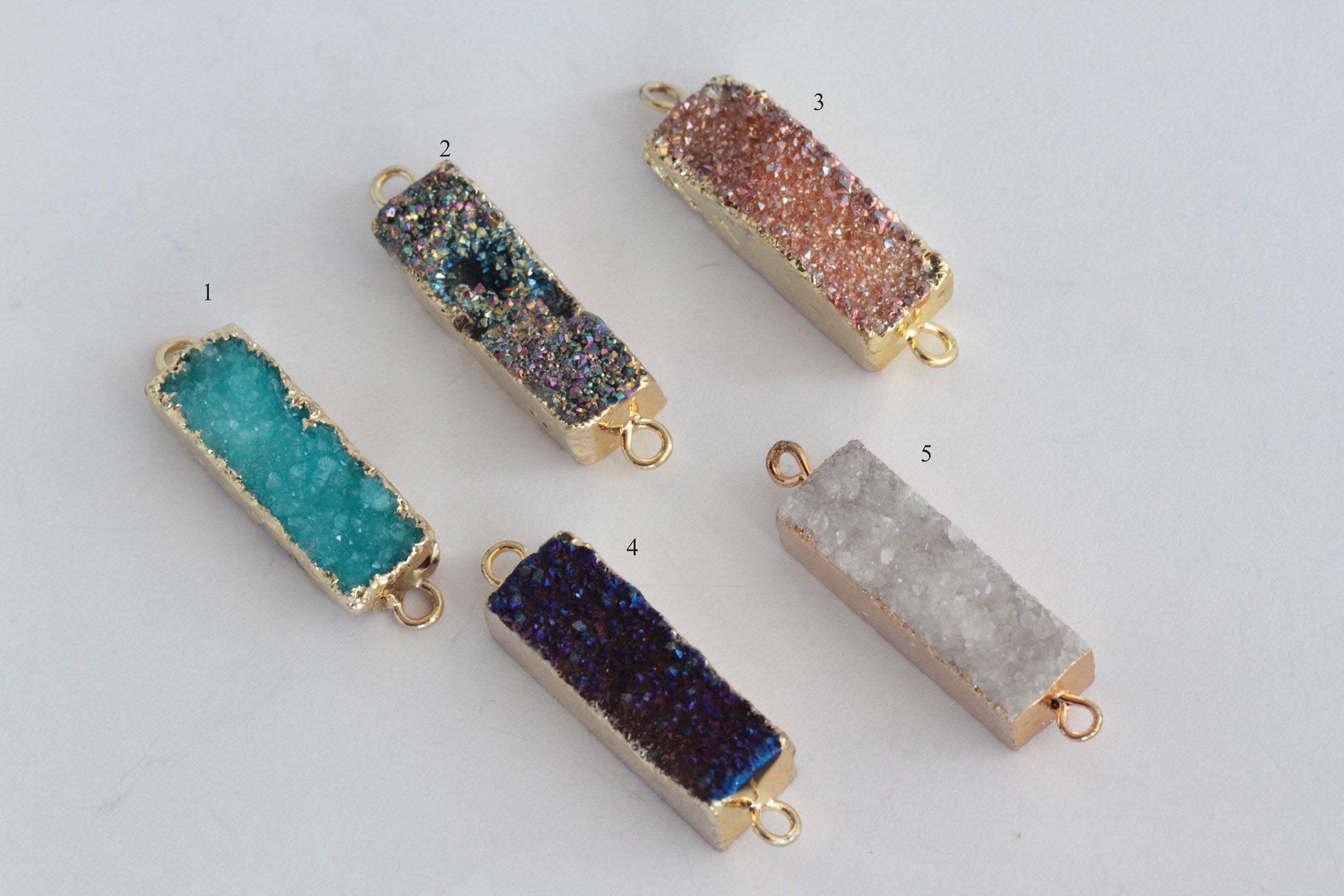 1pc, 32~34x8x6~7mm, Electroplated Natural & Dyed Druzy Agate Links, with Golden Plated Brass Findings, Rectangle