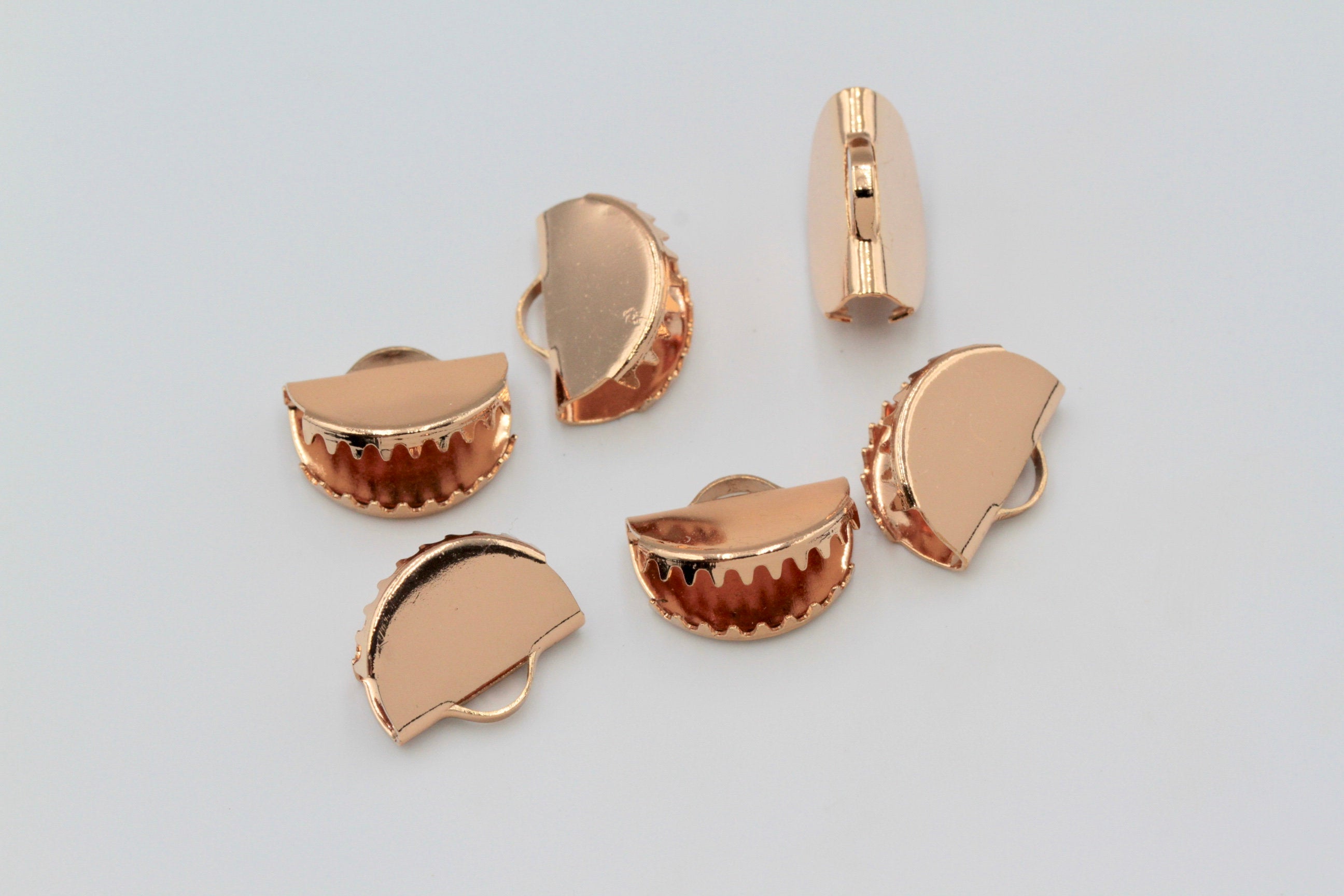 4pcs, 15x12.5mm, Small Rose Gold Plated Brass Ribbon// Semi Circle Crimp End with Loop // Crimp Findings in Rose Gold